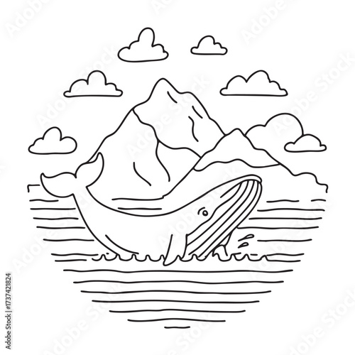 A whale breaching close to a distant island covered in mist