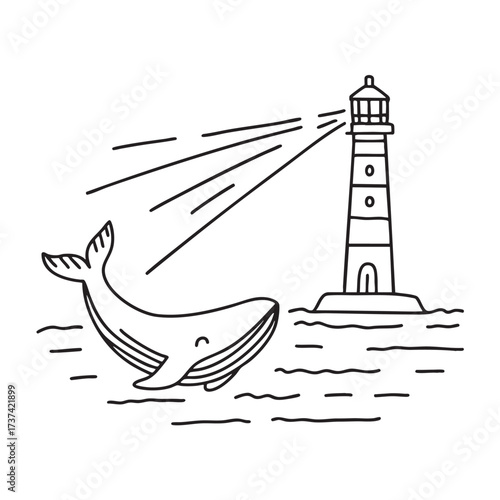 A whale close to a lighthouse standing tall on the shore