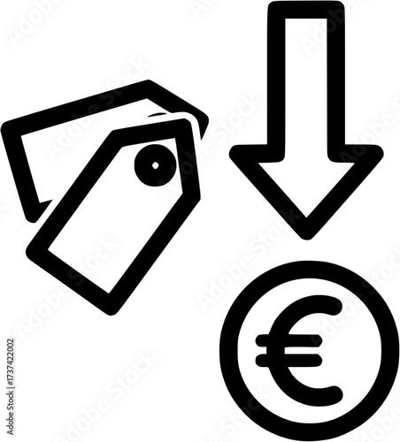 Decrease cost price reduction discount sale percentage down arrow money currency icon line

