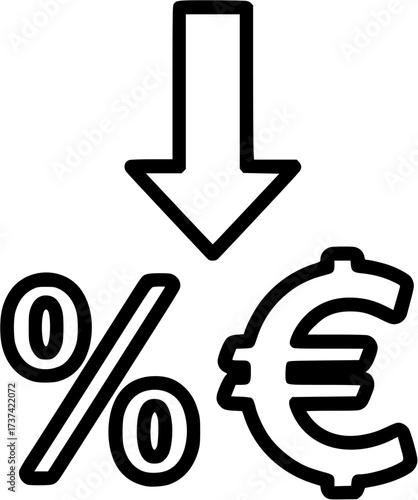 Decrease cost price reduction discount sale percentage down arrow money currency icon line
