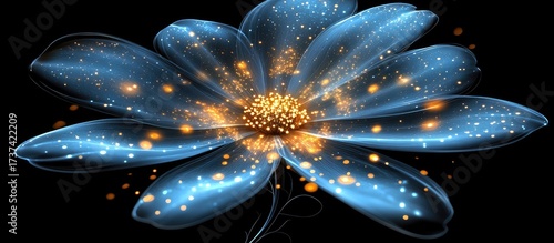 Blue ethereal flower with gold sparks on black background