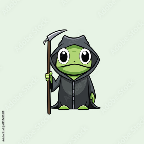 Adorable Frog Grim Reaper in Black Hood with Scythe