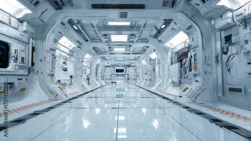 High tech space station hallway features sleek architecture, clean lines, modern lighting, creating sense advanced engineering. Environment suggests interstellar travel, futuristic living