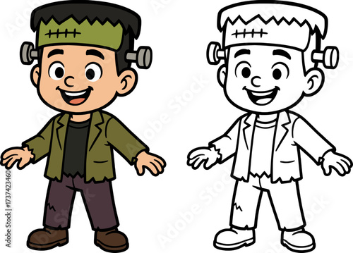 a boy dressed in frankenstain costume, colored and black and white style for coloring page