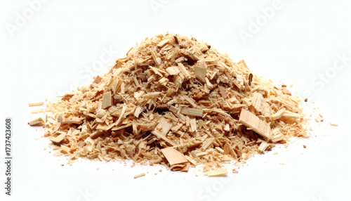 Pile of natural wood shavings isolated on white background, raw woodworking material, high-quality craft and construction texture image
