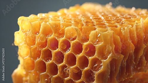 Glistening honeycomb dripping with sweet golden honey a testament to nature s sugary gift with detailed hexagonal