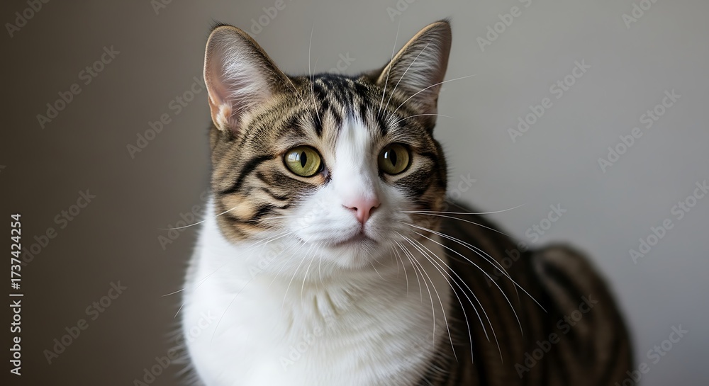Obraz premium Close-up portrait of a tabby cat with striking yellow eyes.