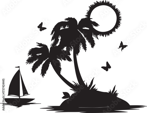 Island with palm and ship silhouettes. Ship, sun, tropical sea island with palm trees and butterflies, black silhouettes and contours on white background. Vector
