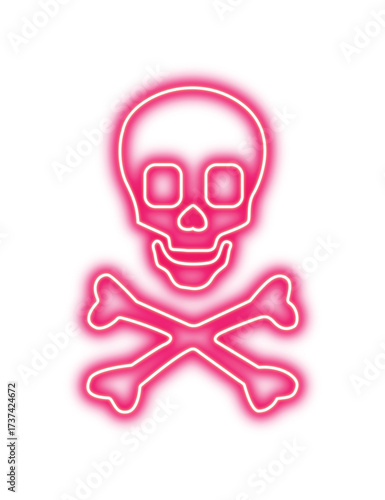 Colorful neon glowing outline vector icon of a classic skull and crossbones, a strong symbol of danger, warning, and poison, ideal for hazardous material signs, transparent background.