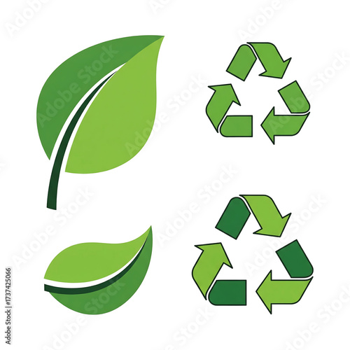 Title: Eco friendly green leaf and recycling symbols for sustainability concept