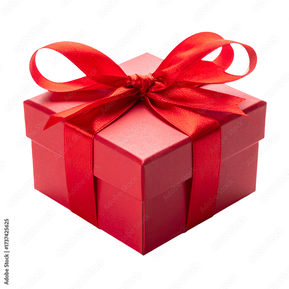Obraz premium Red gift box, elegantly adorned with a satin ribbon and bow, presented against a stark black background, conveying a sense of luxury and celebration, perfect for special occasions and festive events.
