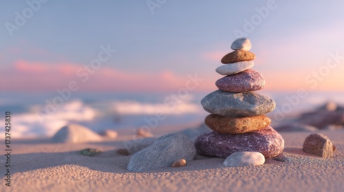 A serene stone cairn stands tall on a sandy beach embracing tranquility and balance against a soft pastel sunrise with