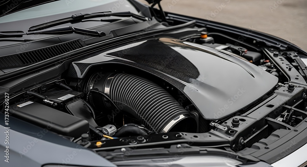 Fototapeta premium Close up of a car engine bay with air intake system.