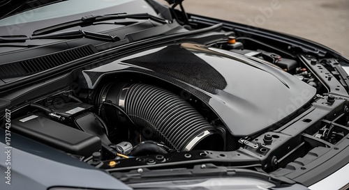 Close up of a car engine bay with air intake system.