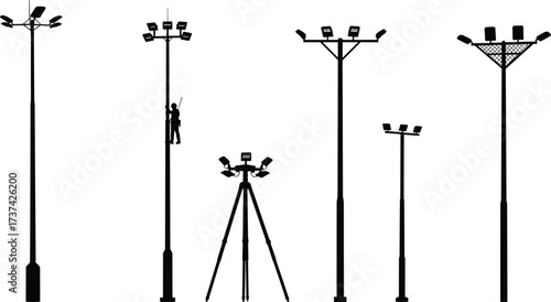 High mast floodlight tower vector silhouettes with workers installing powerful stadium lights for urban infrastructure, sports arenas, and industrial projects.