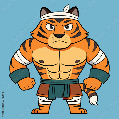 Fierce muscular tiger warrior with headband and bandages