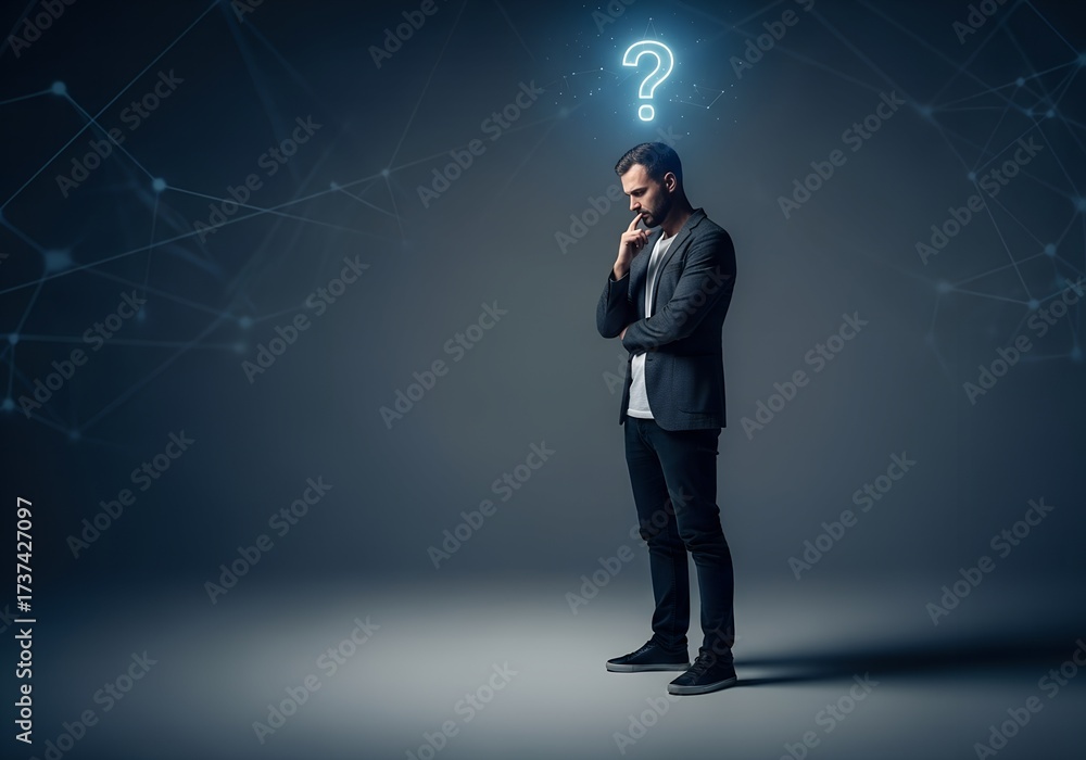 Obraz premium Uncertainty A thoughtful individual with a question mark, a modern depiction of puzzlement and indecision, capturing the emotional state of doubt and confusion.