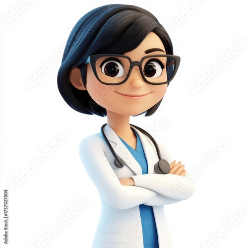 Friendly cartoon female doctor with glasses and stethoscope, arms crossed, isolated on white background