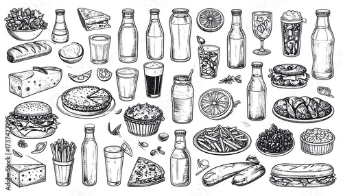 Diverse collection of food and drink items in vintage style