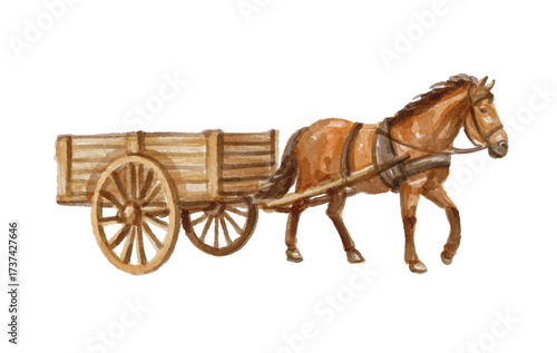 Hand painted watercolor horse cart isolated