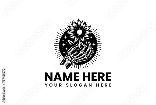 A skeletal hand offering a sunflower against a celestial background.