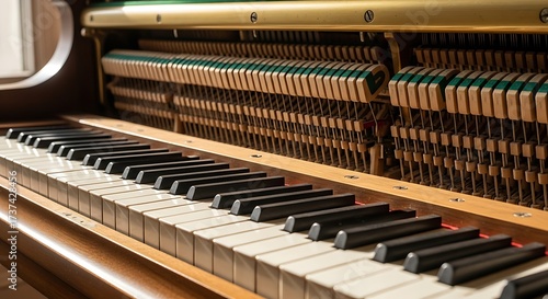 Close up of piano keys and hammers inside an upright piano.