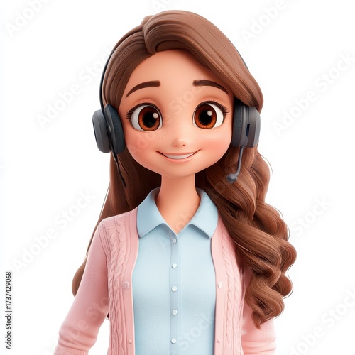 3d cartoon girl with headphones and microphone, smiling and looking at the camera, isolated on white background
