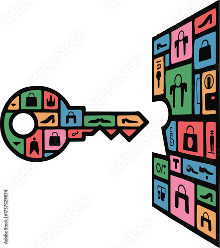 Key unlocking a puzzle of shopping icons, representing access to consumer goods for Black Friday, 2025 