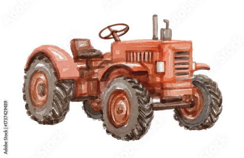 Watercolor rustic old tractor isolated on white background