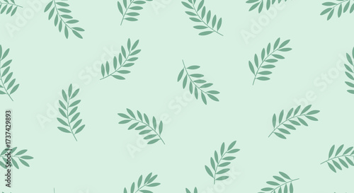 A delicate pattern of green leaves scattered across a soft mint green background, evoking a sense of nature and tranquility.