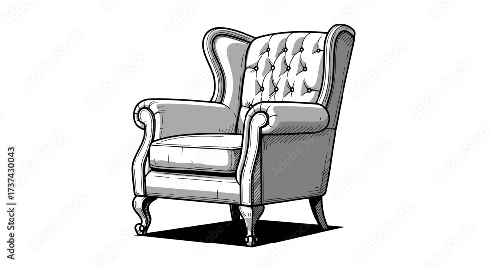 Fototapeta premium A classic upholstered armchair with button tufted back and elegant scrolled arms.