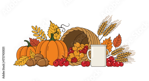 A beautiful cornucopia overflowing with autumn harvest symbols like pumpkins gourds leaves and berries with a blank mug.