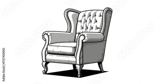 A classic upholstered armchair with button tufted back and elegant scrolled arms.