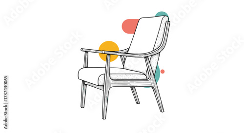 An elegant wooden armchair with curved arms and a padded seat and backrest rests on tapered legs.