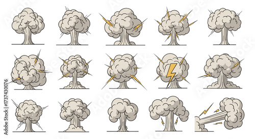 A collection of mushroom cloud explosion illustrations with lightning bolts and debris elements.