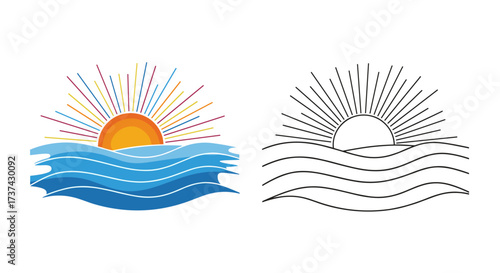 A vibrant sunrise over a tranquil ocean horizon with colorful rays of light and flowing blue waves depicted in a stylized illustration and its black and white line art counterpart.