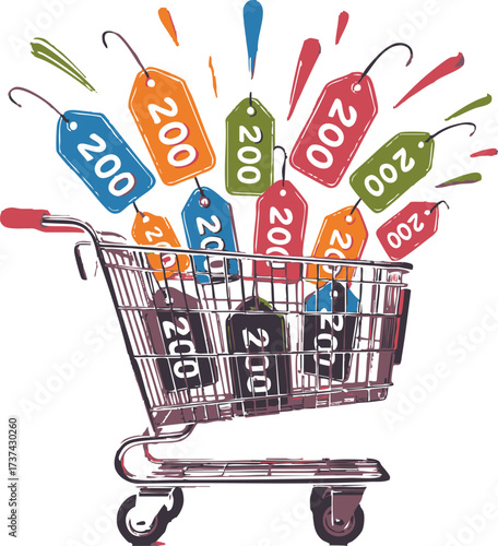 Shopping Cart Overflowing with Price Tags Indicating a Sale for Black Friday, 2025 