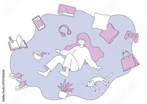 リラックスしている人物のイメージ　シンプルでかわいいイラスト　くつろぎ　チルアウト　息抜き　趣味