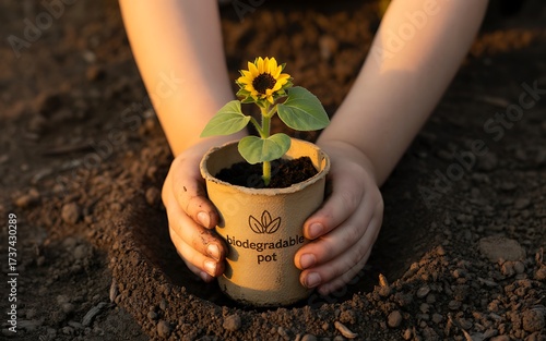 Child s hands gently holding a young sunflower plant in a pot