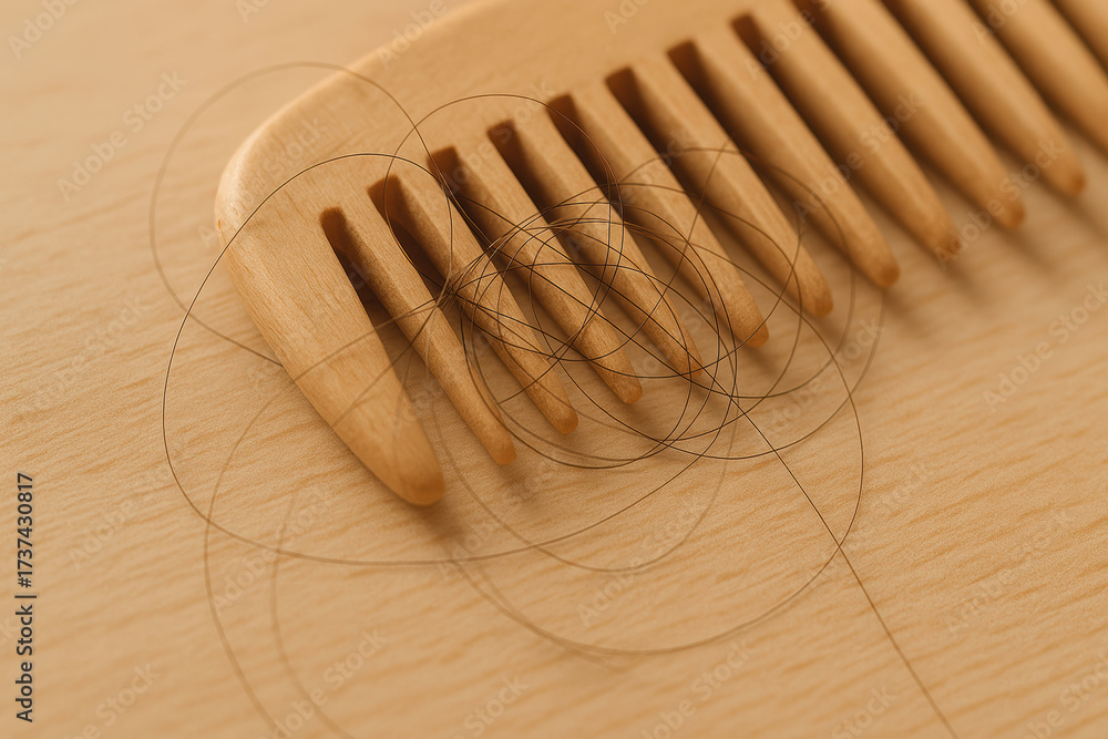 Obraz premium Natural hair loss concern shown with fallen strand on wooden comb and subtle signs of alcohol consumption impact on lifestyle and self care routine