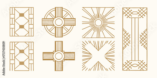 Collection of geometric art deco style decorative elements and ornaments in gold on a cream background