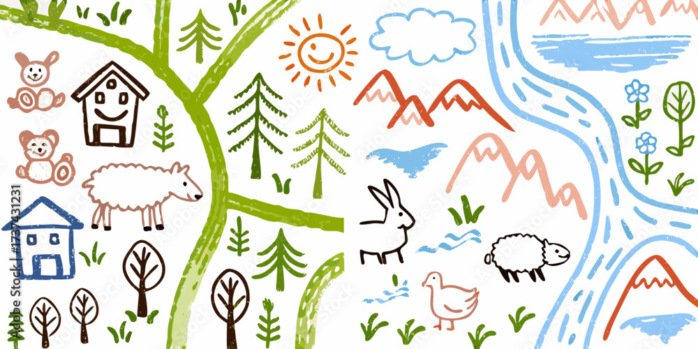 Obraz premium Charming hand drawn countryside scene with animals houses trees mountains sun and river