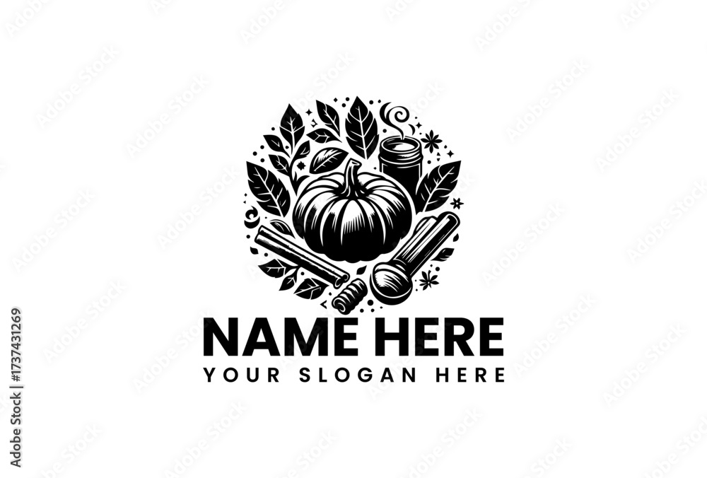 Fototapeta premium Detailed Black and White Logo Featuring Pumpkin Spices and Coffee Cup.