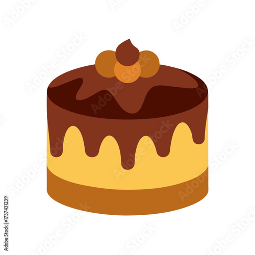 Chocolate cake with chocolate glaze and round toppings on white background dessert sweet