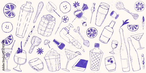 Hand drawn cocktail bar tools and drinks collection with citrus slices and garnishes