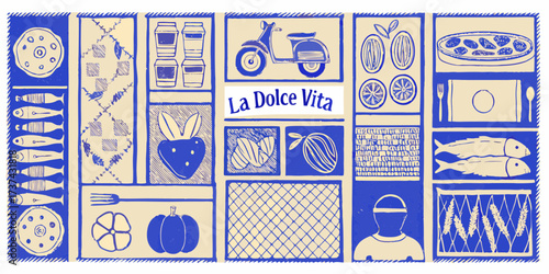 La dolce vita collage featuring italian food transportation and produce in a hand drawn style