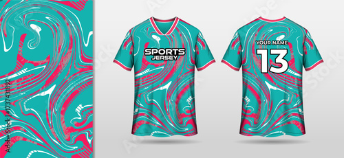 Sports jersey template with green and red abstract wavy background