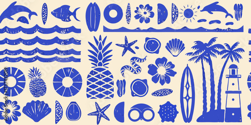 Blue tropical summer beach icons and symbols pattern on beige background
