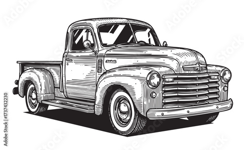 Vintage American Pickup Truck Engraving Classic Farm or Utility Vehicle in Detailed Hand Drawn Sketch Style
