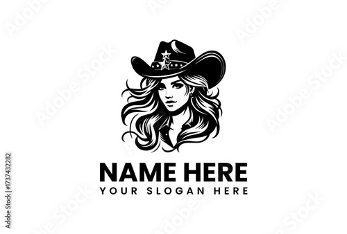 Elegant Cowgirl Portrait with StarStudded Hat and Flowing Hair in Black and White.